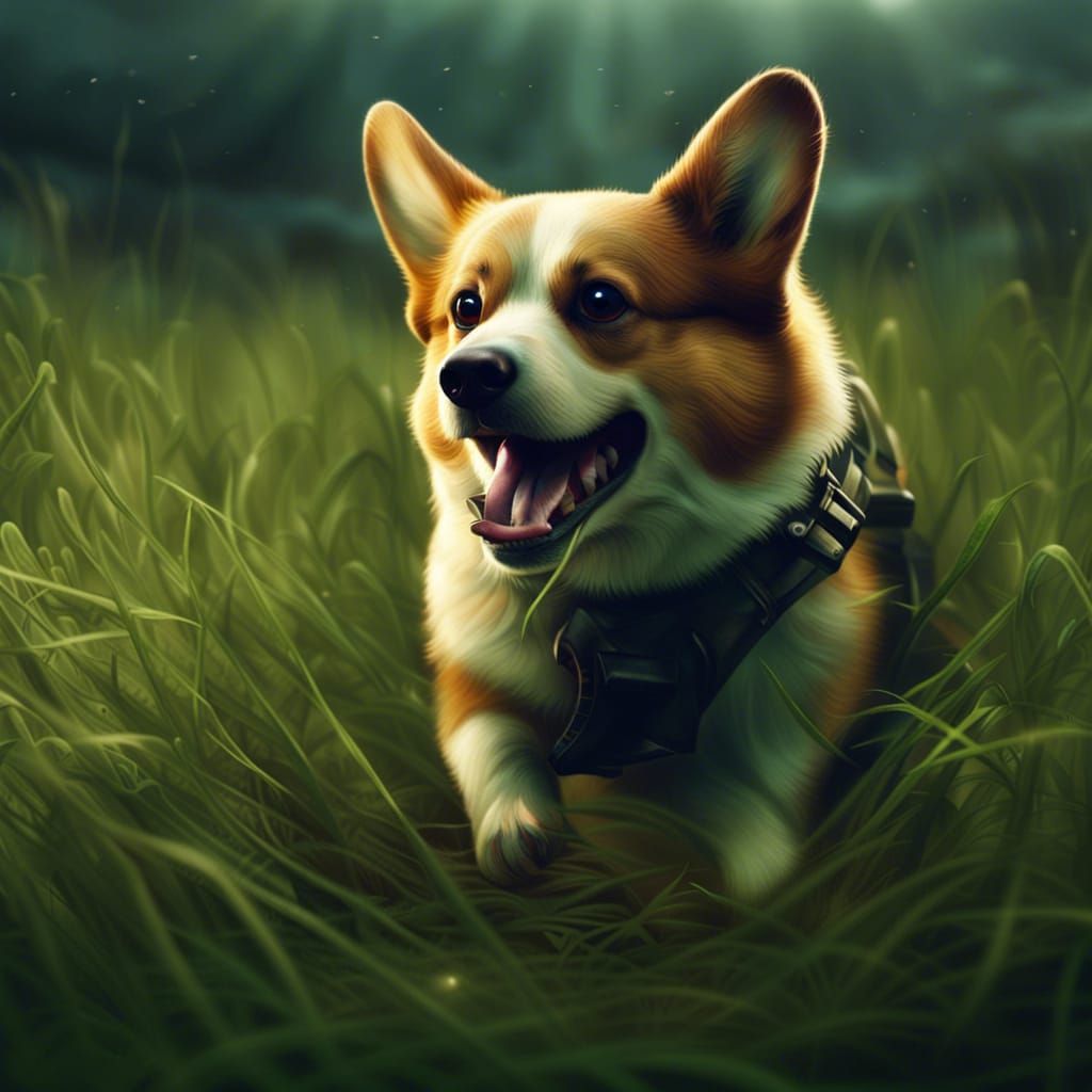 Corgi Piranha Hybrid Running Through Field