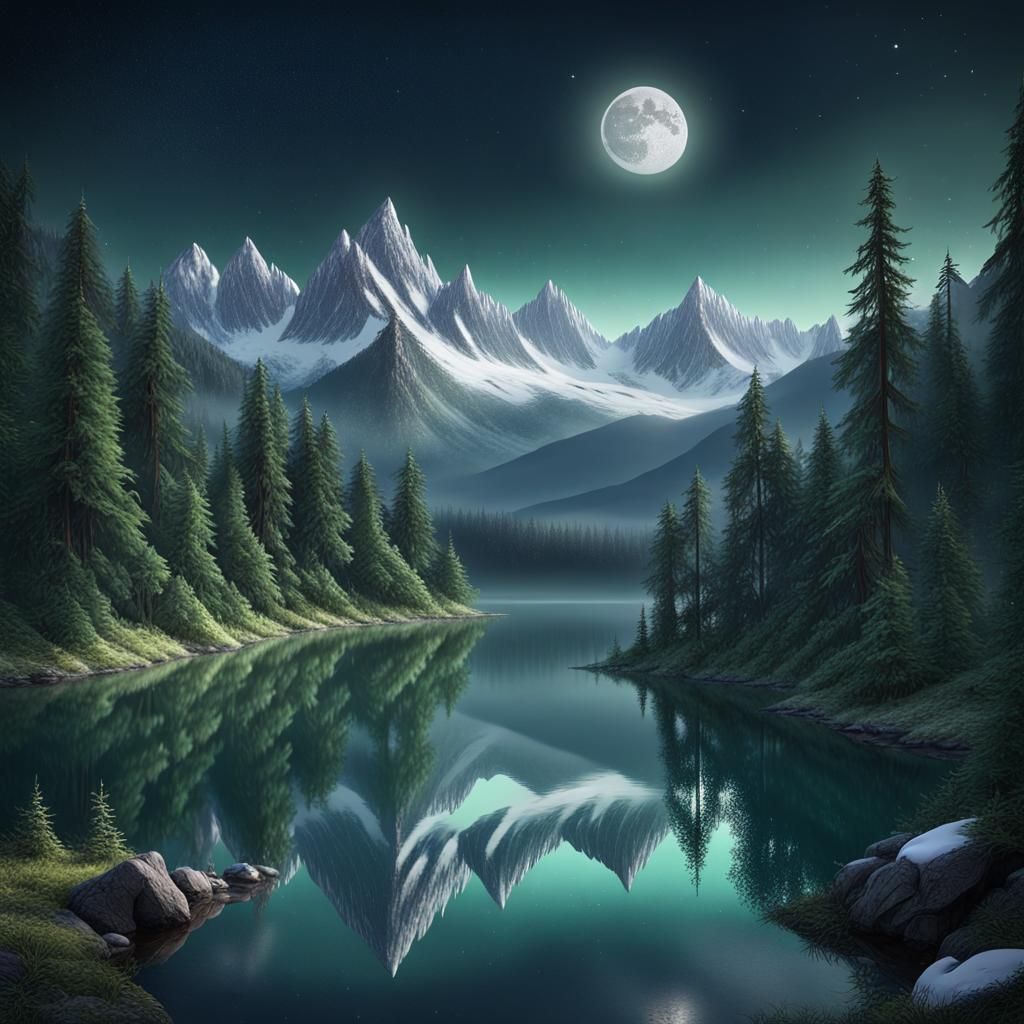 Lush Evergreen Forest Reflected in Lake at Night