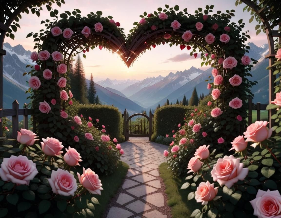 Alpine Landscape Through Heart-Shaped Rose Trellis