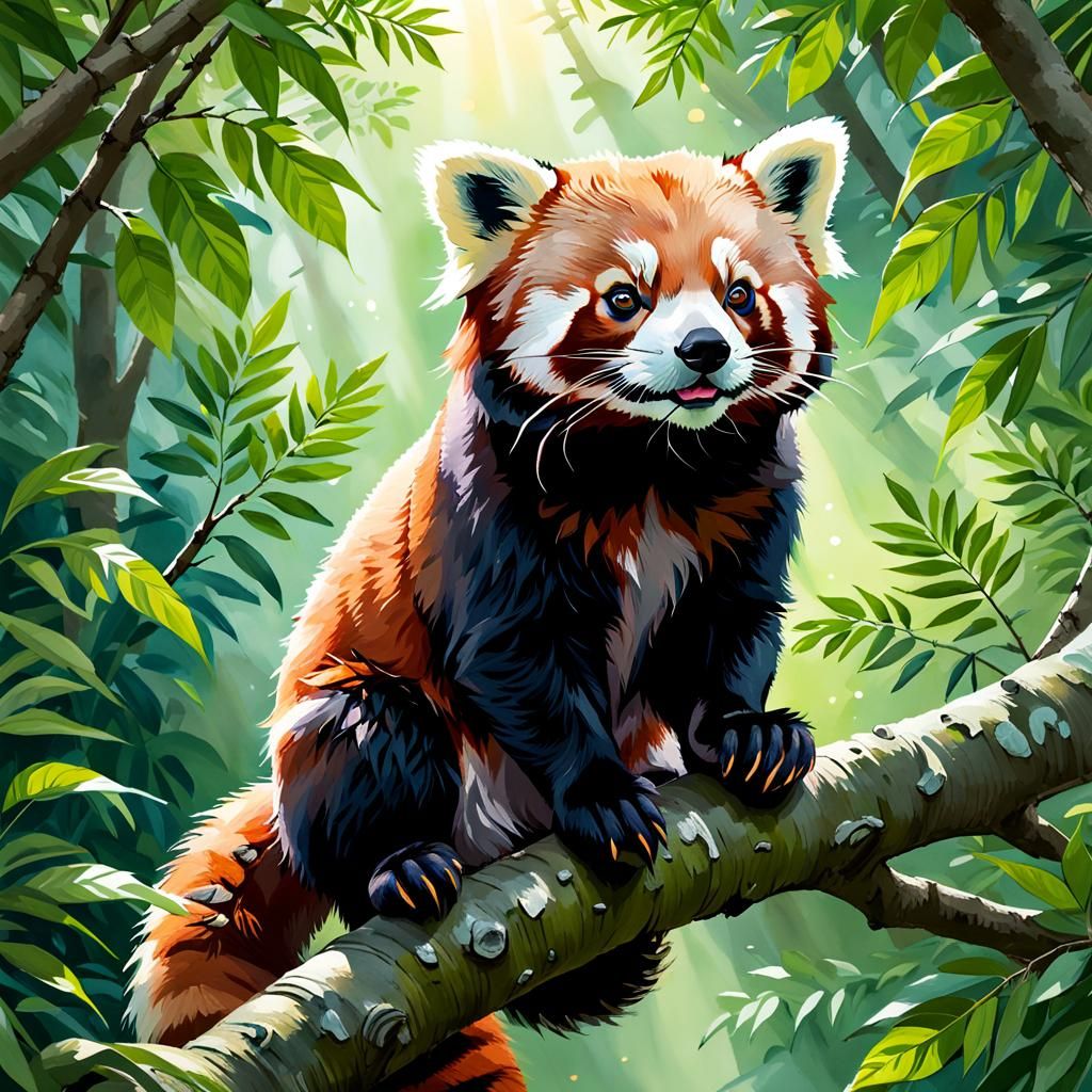 Dreamy Red Panda Illustration in Watercolor Style