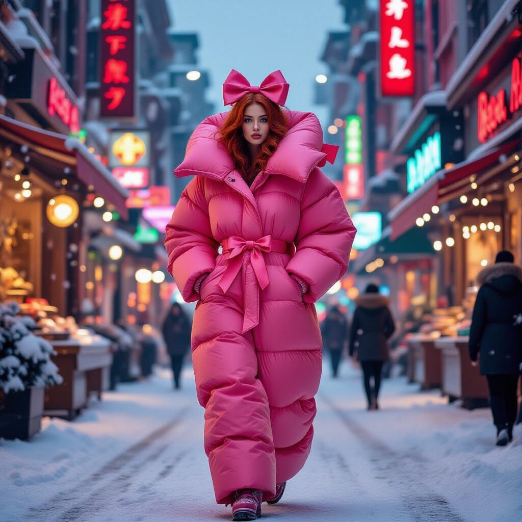 Woman in Pink Puffer Suit in a Futuristic City