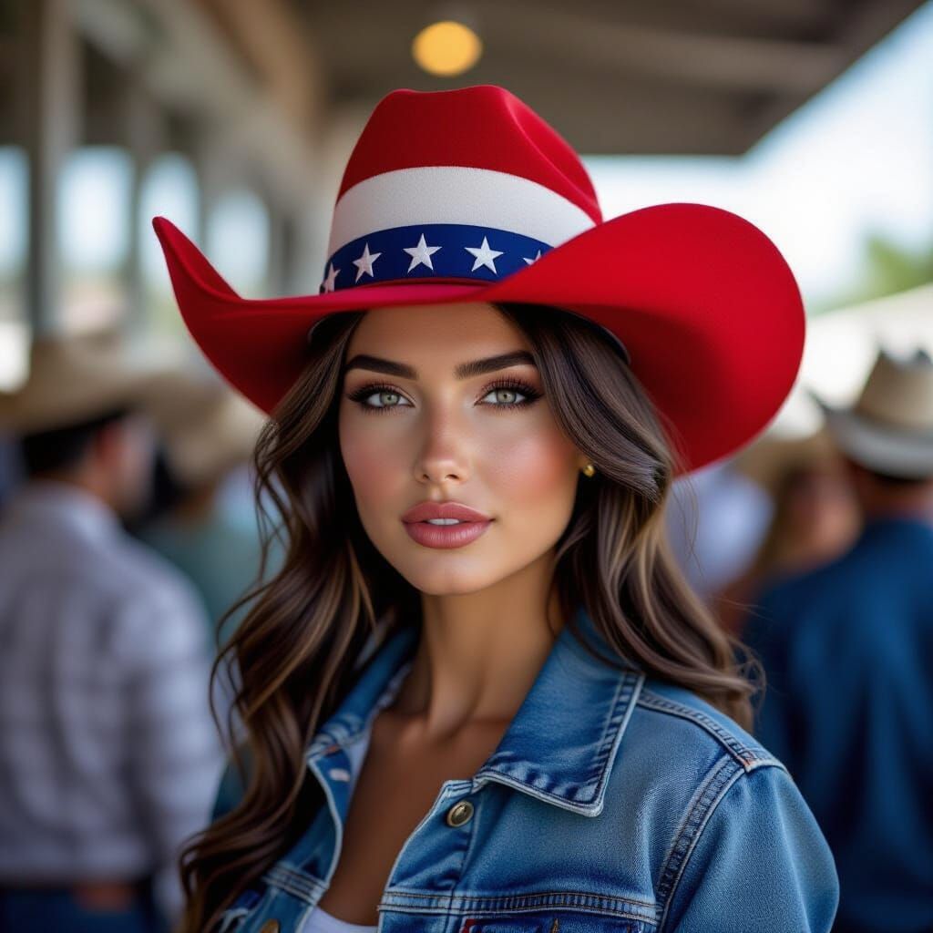 Woman in Red, White, Blue Cowboy Hat Stands Out in Crowd