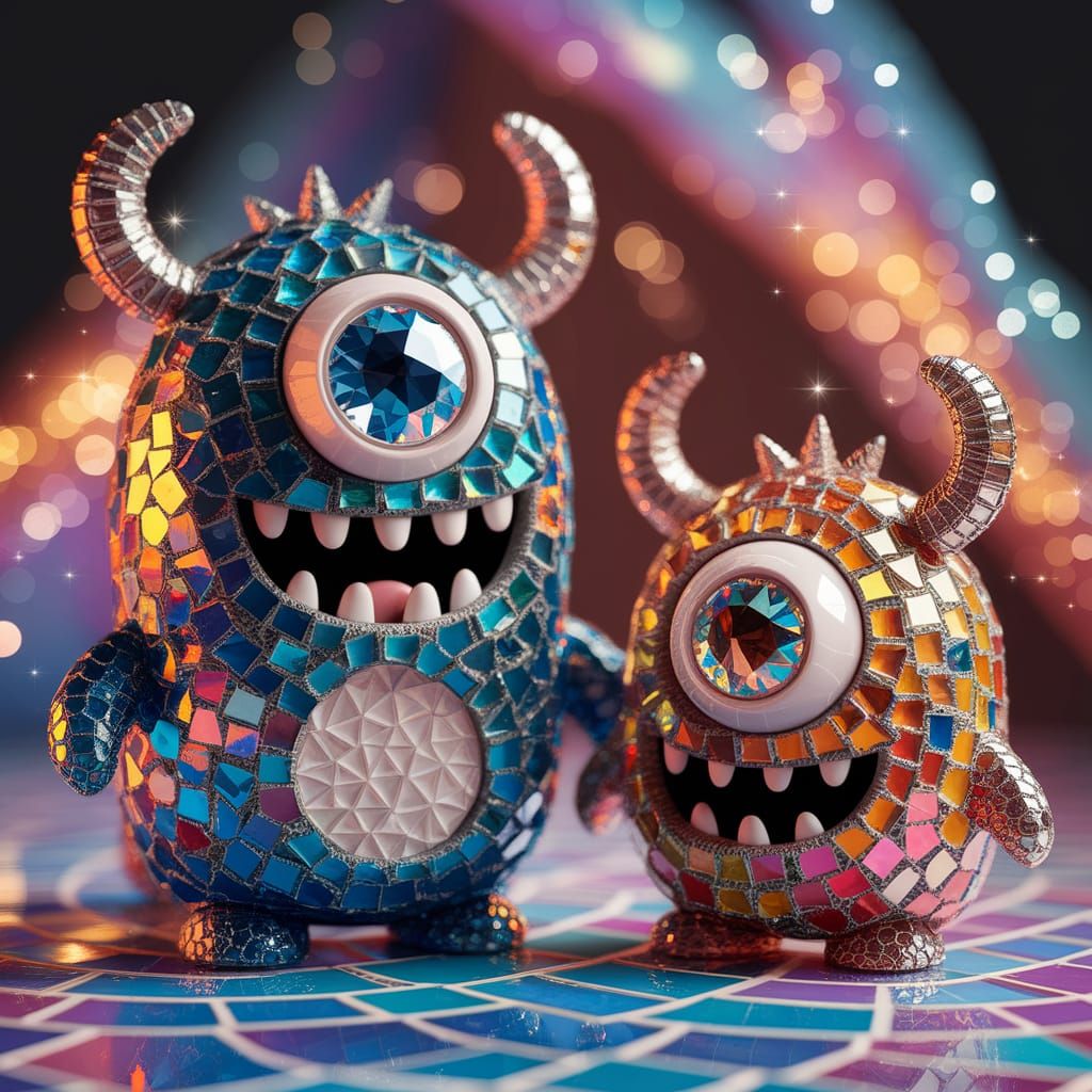 Whimsical Mosaic Monster Scene in Vibrant Colors