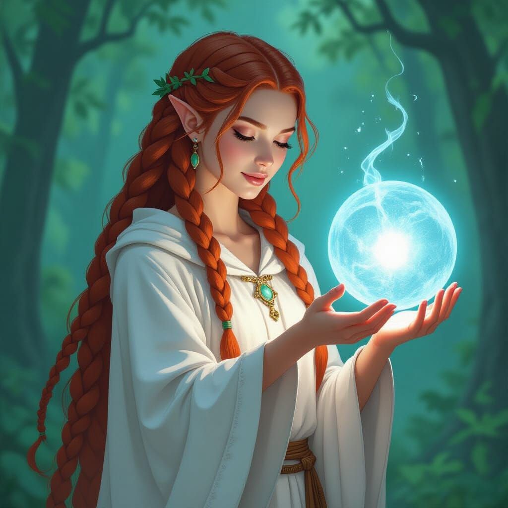 Red-Haired Druid Woman Holds Blue Light Sphere in Forest