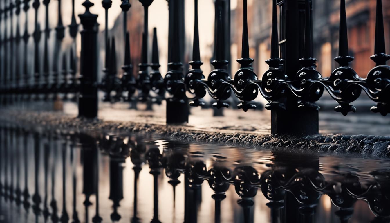 wrought iron fence and puddle