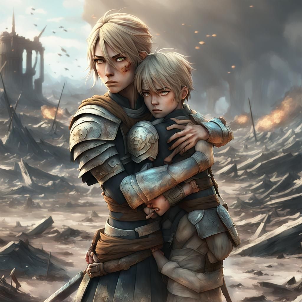 Anime Warrior Protects Boy on Battlefield in 3D