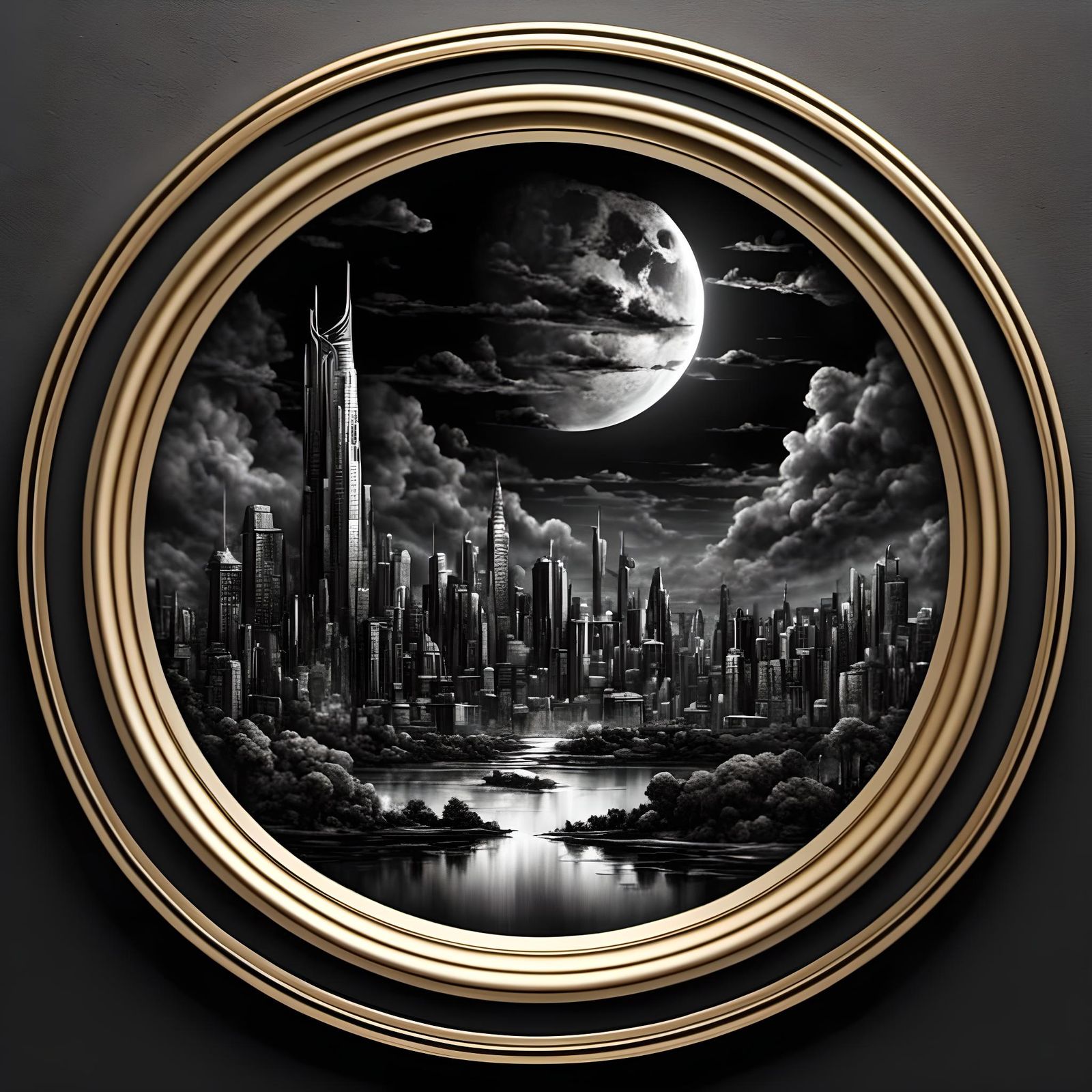 Futuristic City at Night in Exquisite Golden Frame