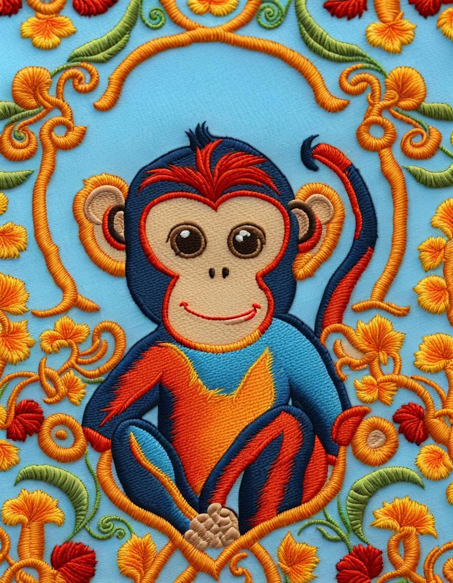 Vibrant Embroidered Monkey Under a Happy Blue Sky