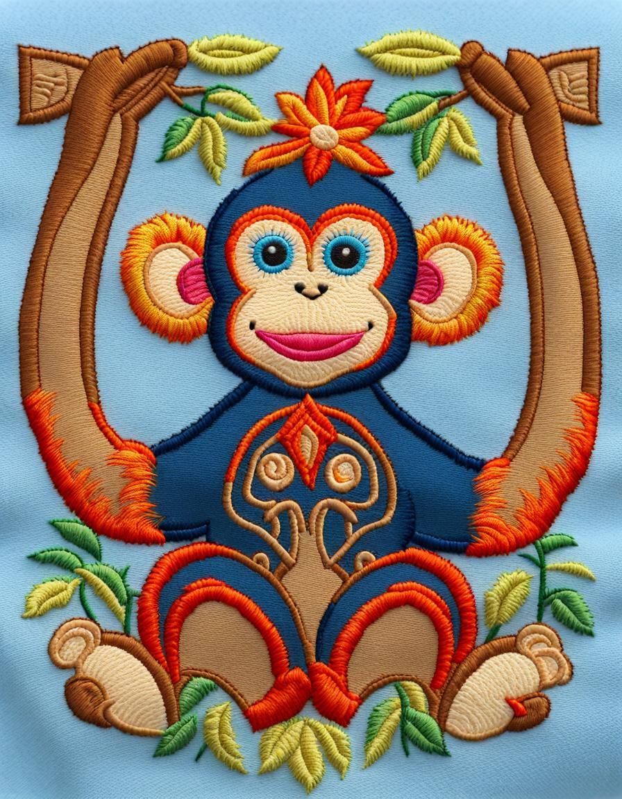 Surreal Embroidered Portrait of a Happy Monkey in Imperial C...