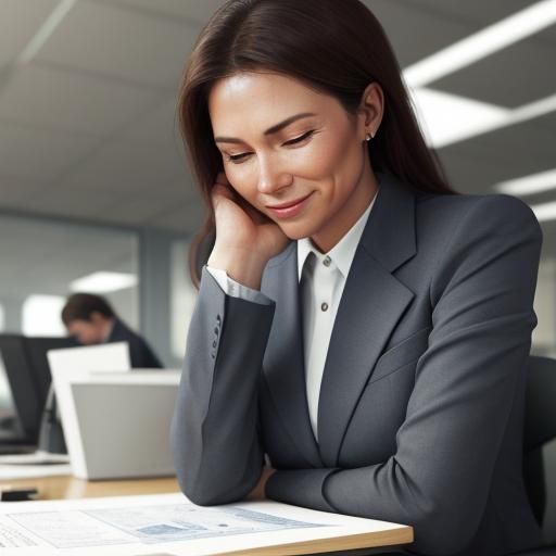 Smiling Businesswoman Inspects Blueprint in Photorealistic A...