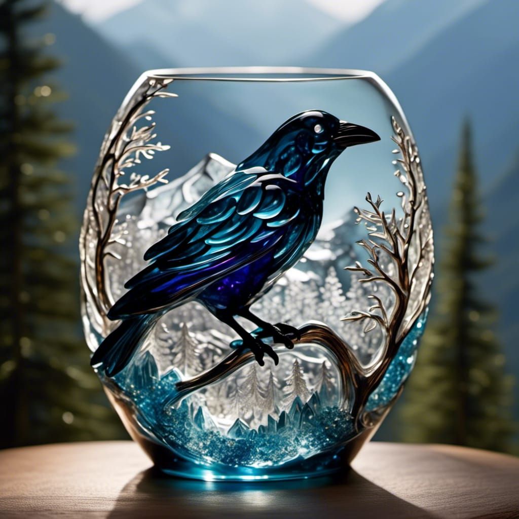 Glass Raven Sculpture with Mountain Nature