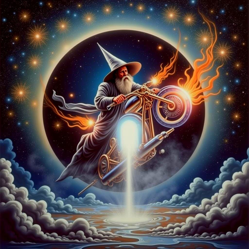 Wizard on Motorcycle: Surreal Mixed Media Illustration