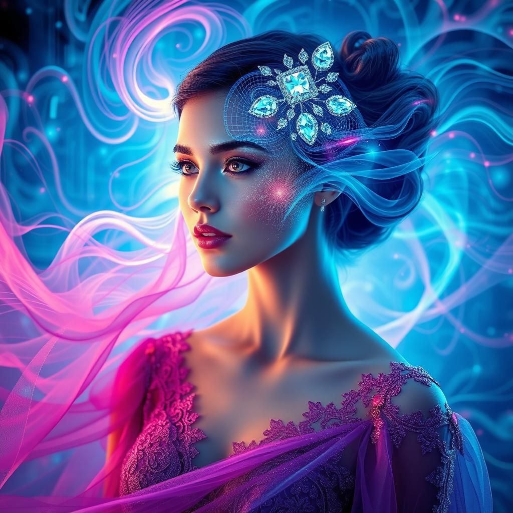 Woman in Iridescent Vortex: Digital Surrealism