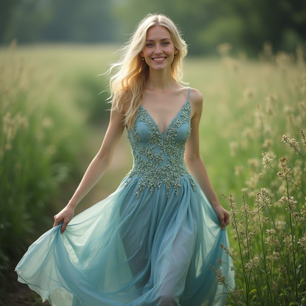 Blonde Woman in Floral Dress, Hyperrealistic Style
