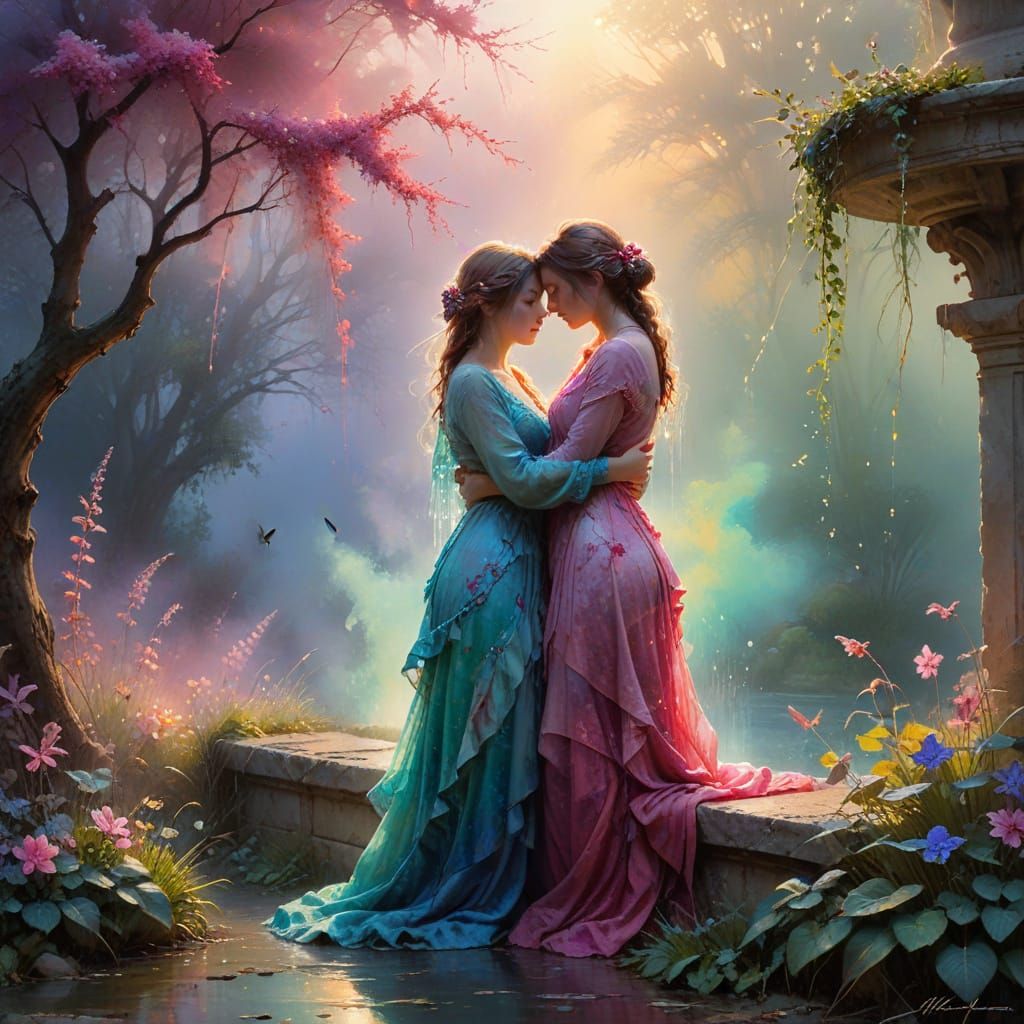 Surreal Garden Scene with Women Embracing
