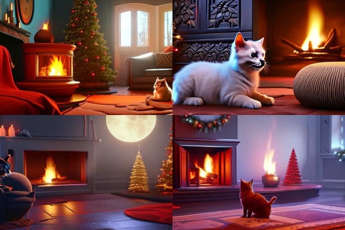 Warm Christmas Eve Scene with Kitten and Puppy