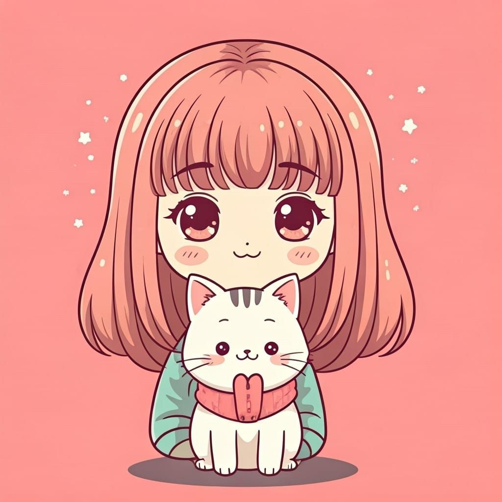 Kawaii Art: Cute Girl with Cat
