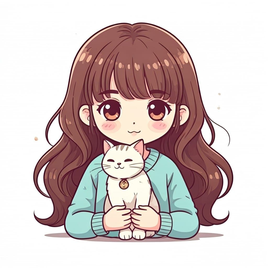 Kawaii Art: Cute Girl with Cat