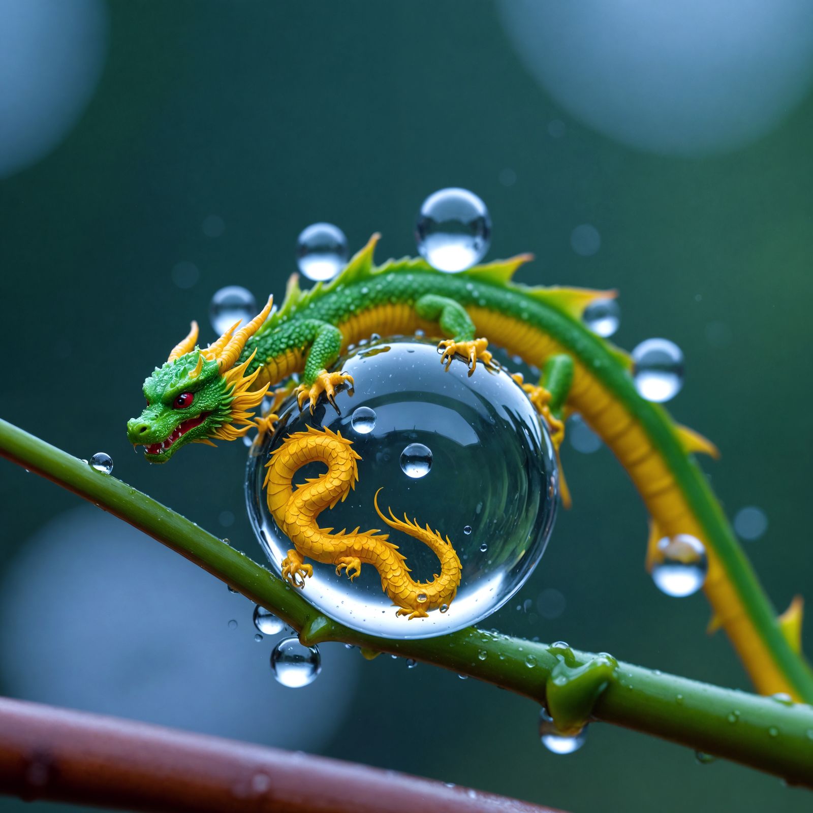Chinese Dragon Trapped Inside a Macro Raindrop