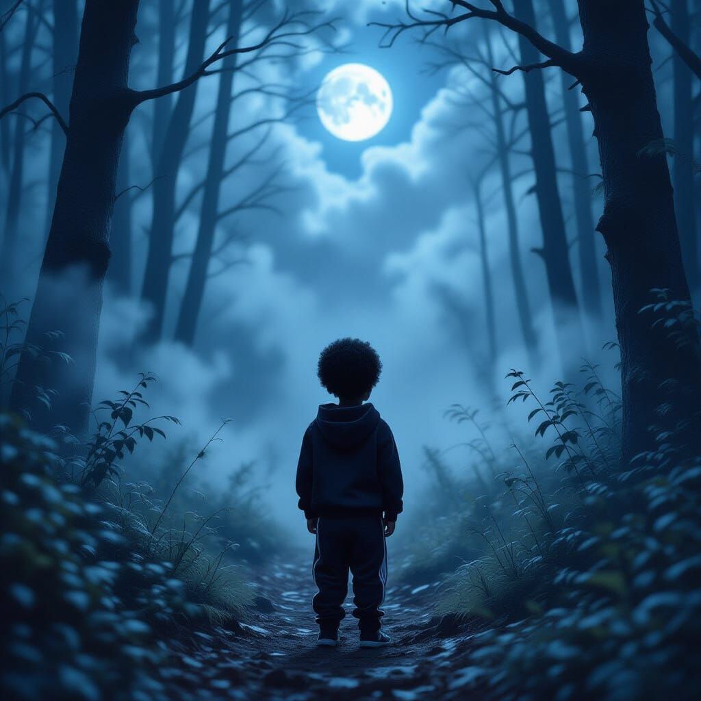 Lost Boy in Ethereal Forest, Dreamlike Illustration