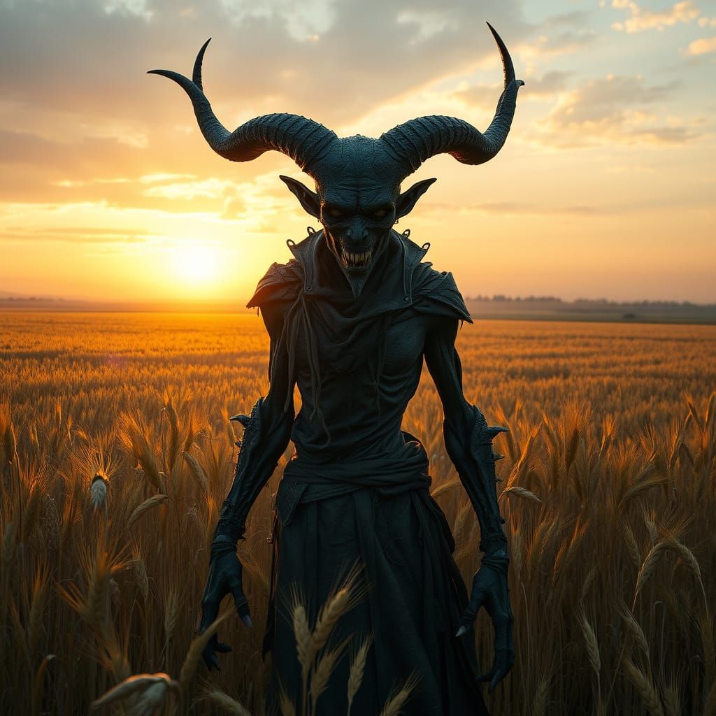 Terrifying Demon in Wheat Field, Surrealist Horror
