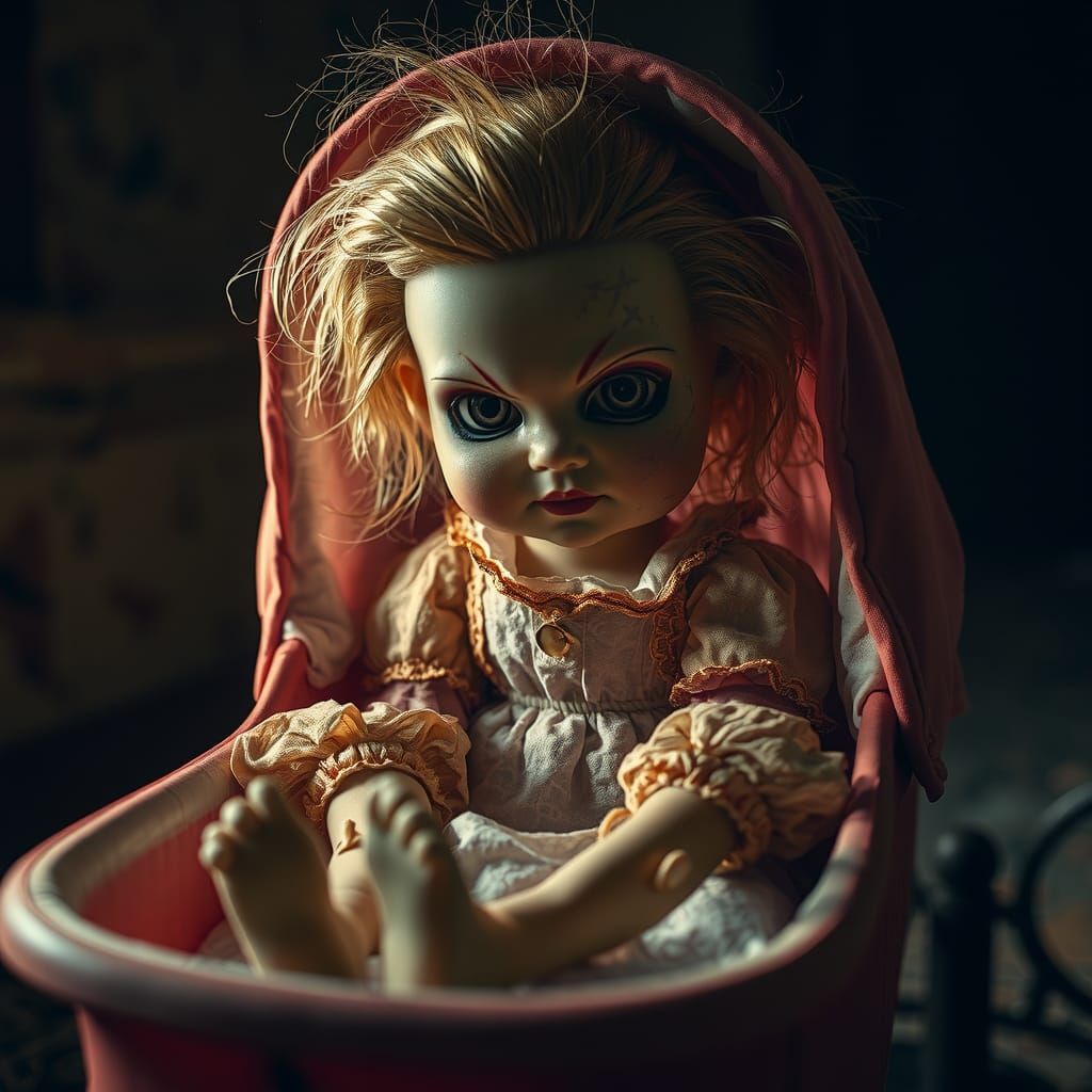 Menacing Doll in Abandoned Room, Dark Fantasy Horror