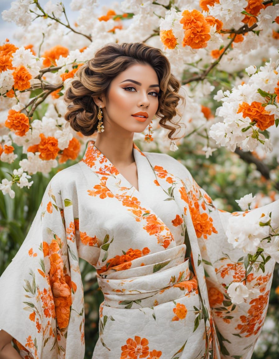 Elegant Woman Surrounded by Blossoms in Serene Setting