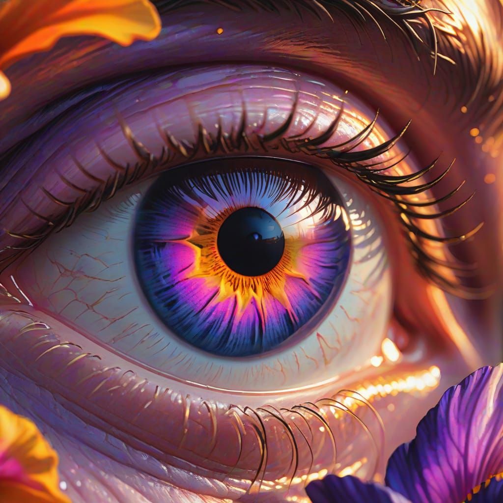 Vibrant Sunset Eye in Hokusai and Mucha Style