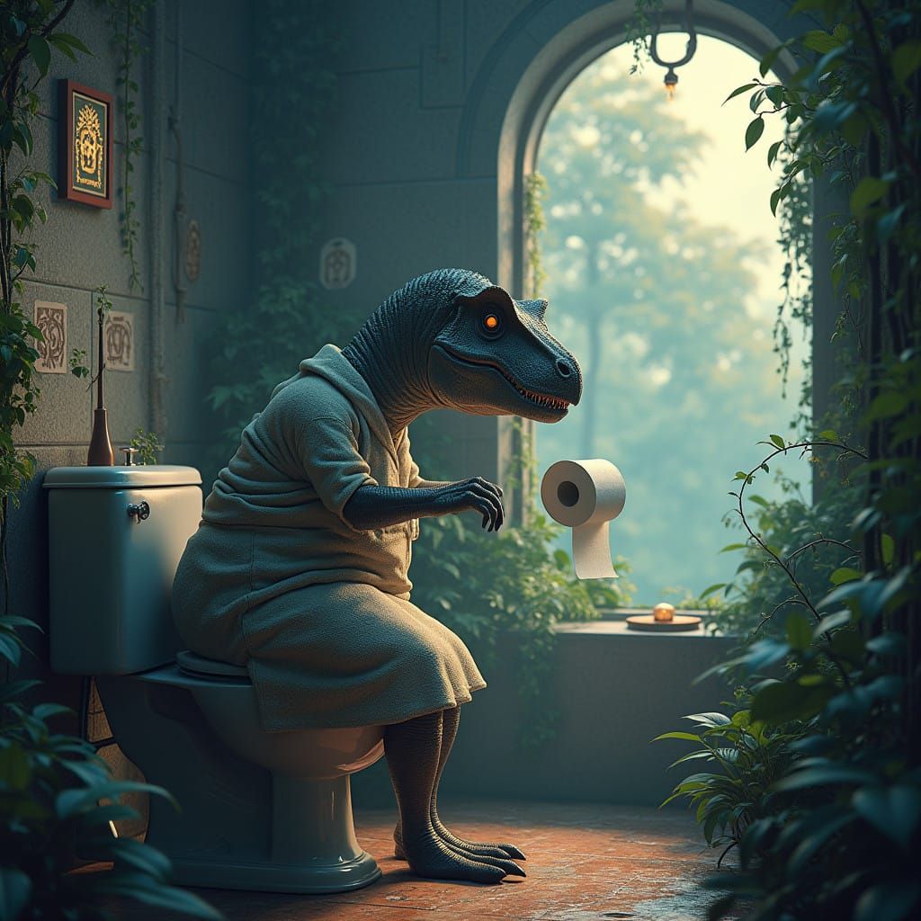 Prehistoric Tyrannosaurus Rex Struggles with Toilet Paper in...