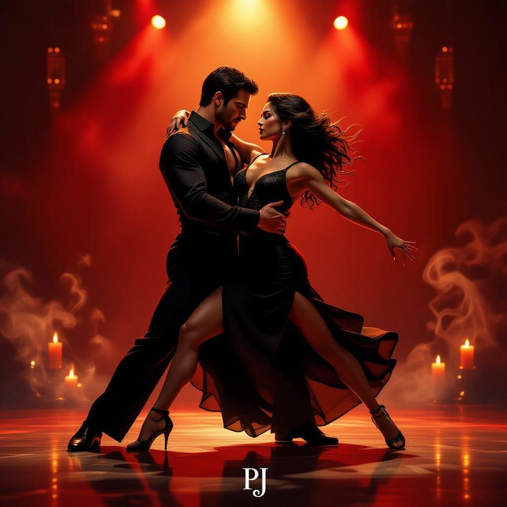 Passionate Tango Dance Under Dramatic Golden Lights