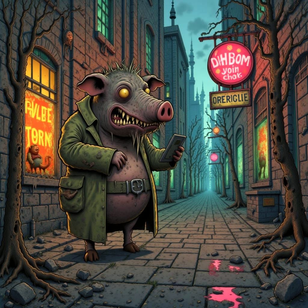 Ork in Trench Coat on Rainy Cyberpunk Street