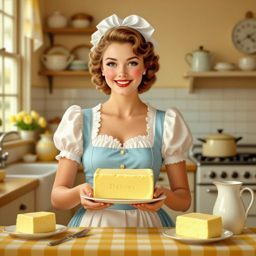 1950s Dairy Maid Presents Butter in Warm, Realistic Style