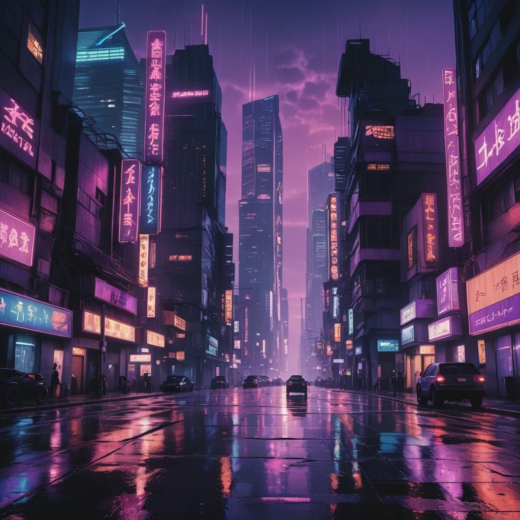 Cyberpunk Cityscape with Angels in Neon Glow