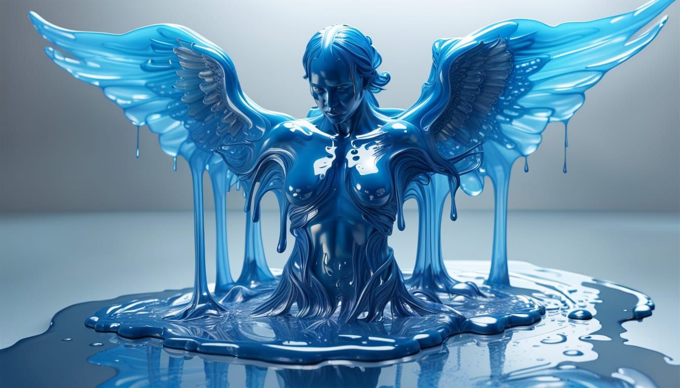 Melting Transparent Blue Water Angel Sculpture in Zbrush