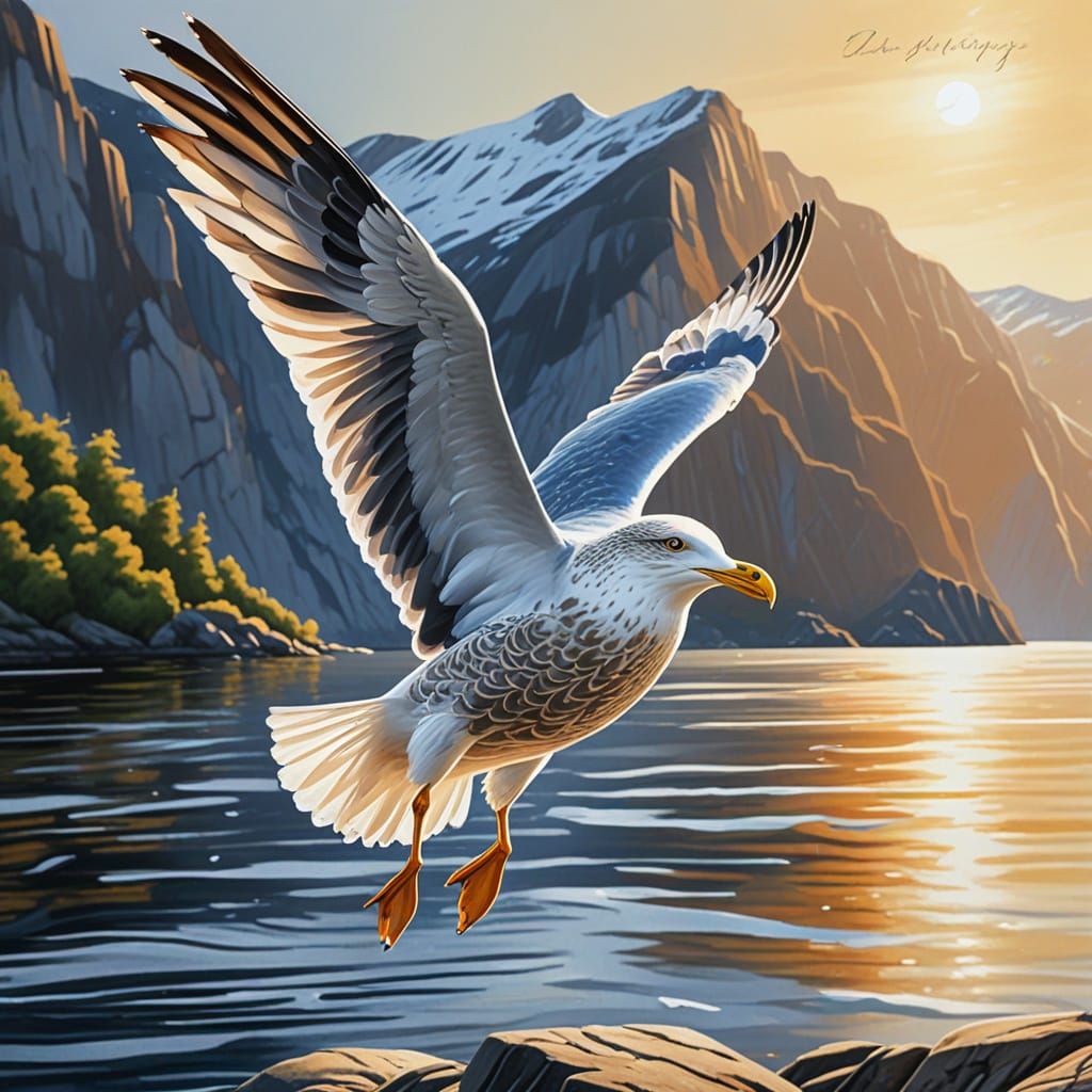 Herring Gull Soaring Over Fjord in Golden Light