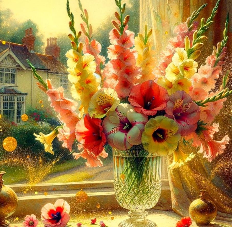 Delicate Watercolour Vase with Poppies and Gladioli in Edwar...