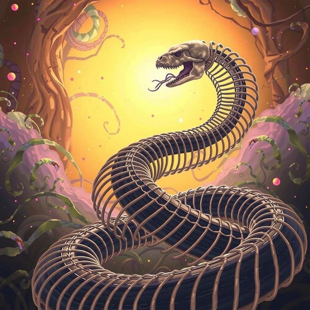 Surreal Whimsical Skeleton Snake in Gouache-Inspired Candyla...