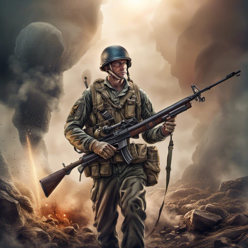 American Soldier Ready for Action in Detailed Matte Painting
