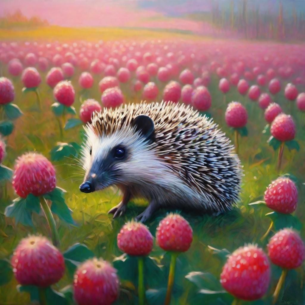 Luminous Hedgehog in Strawberry Field, Surreal Oil Painting