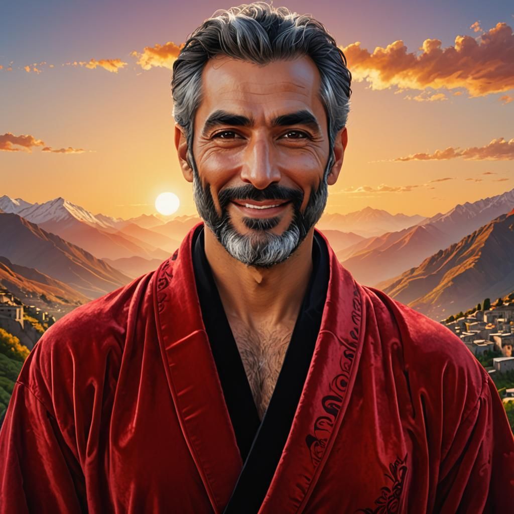Iranian Man in Red Robe, Digital Art Portrait