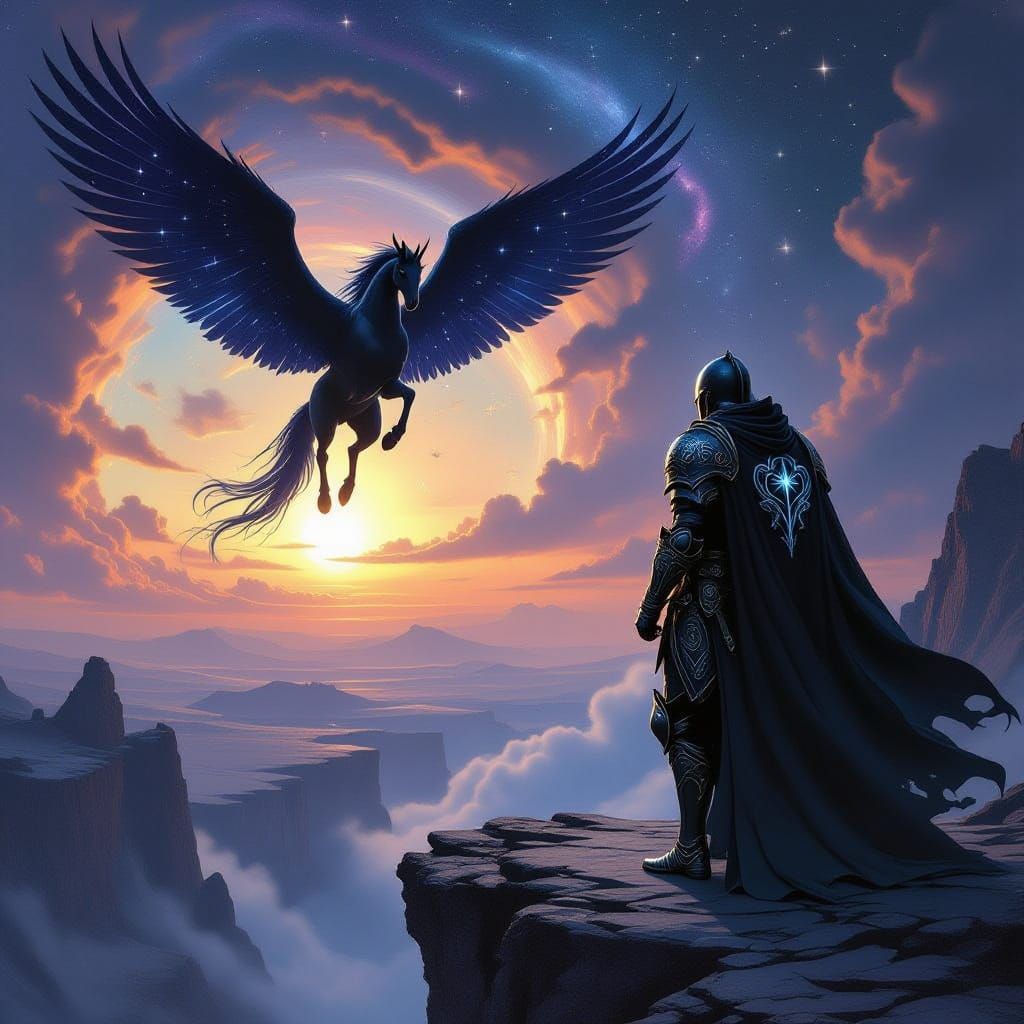Knight on Precipice Facing Cosmic Pegasus
