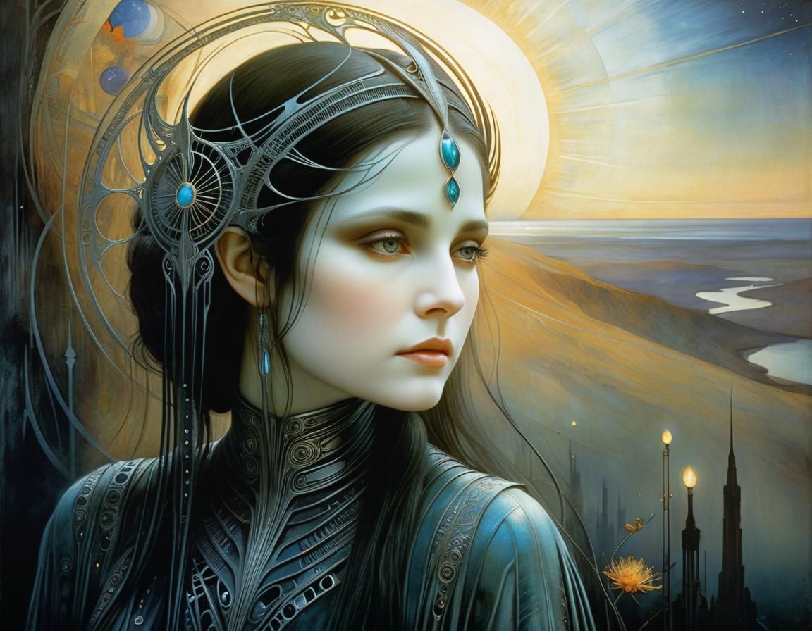 Surreal Evening Scene in Art Nouveau Style