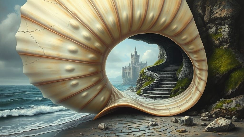 Mystical Nautilus Shell Cavern in Surreal Oil Painting