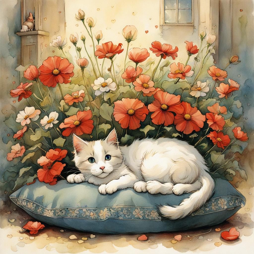 Cute Cat Surrounded by Flowers in Nostalgic Style