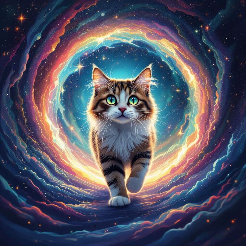 Mystical Cat Steps Into Cosmic Stardust Portal