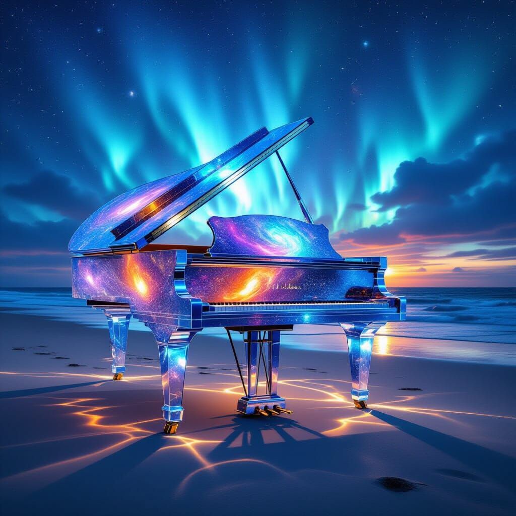 Glass Piano with Galaxies Under Aurora Sky