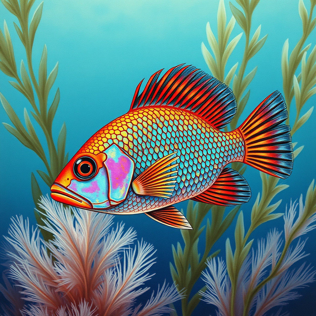 Gyotaku Style Cardinalfish with Underwater Scene