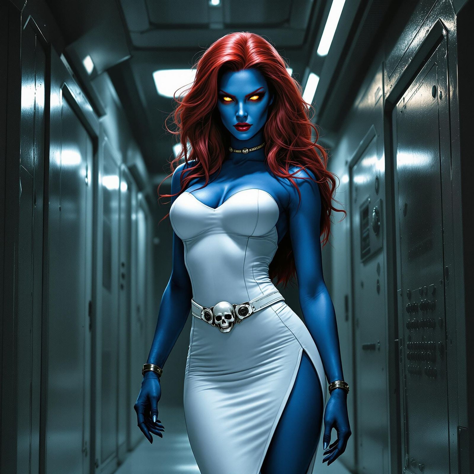 Sculpted Marvel Mutant in High-Security Corridor