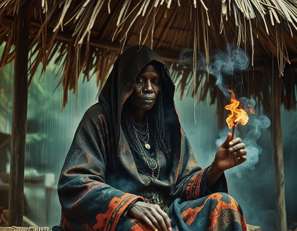 Evil Voodoo Priestess in Rainy, Dreamlike Atmosphere