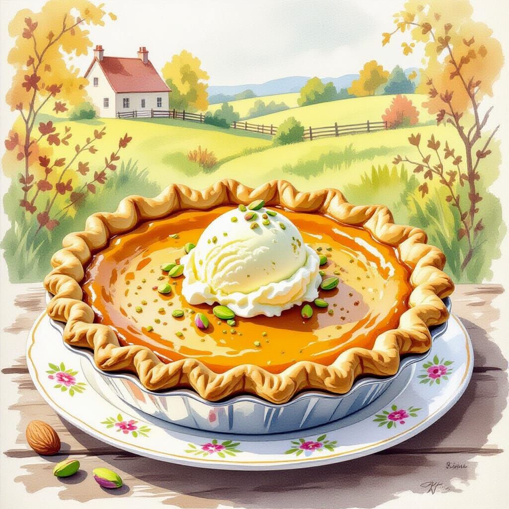 Pumpkin Pie with Ice Cream in Whimsical Style